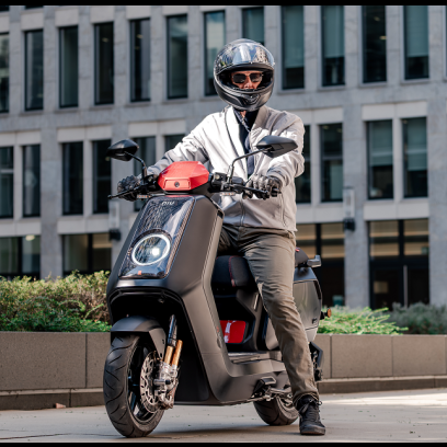 Man with helmet on sits on the new NQiX 1000 motorcycle from NIU , © NIU
